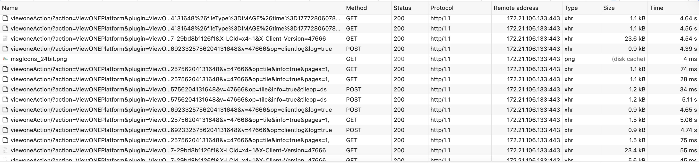 HAR waterfall showing repeated XHR requests of about 1&nbsp;kB returning in 4.3 to 4.7 seconds, against a single cached PNG that returned in 4&nbsp;ms.