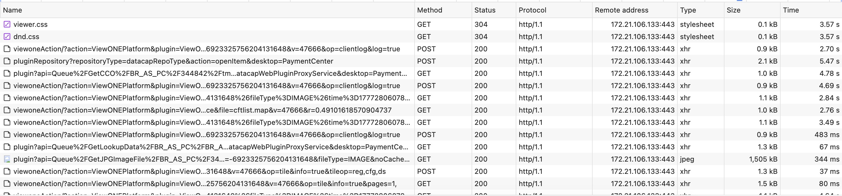 HAR waterfall showing 304 Not Modified responses and small POSTs taking 2.7 to 5.5 seconds, while a 1.5&nbsp;MB JPEG returned in 344&nbsp;ms.