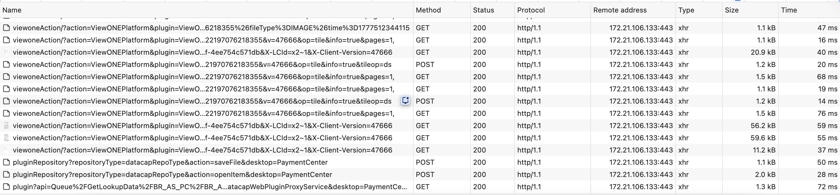 HAR waterfall showing repeated XHR requests of about 1&nbsp;kB returning in 4.3 to 4.7 seconds, against a single cached PNG that returned in 4&nbsp;ms.